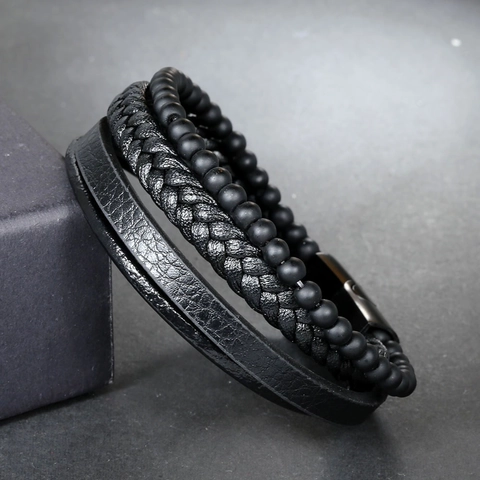 Herren Mehrlagiges Schwarzes Geflochtenes Armband Edelstahl Künstliche Perlen Magnetverschluss Minimalistischer Schmuck Geschenk