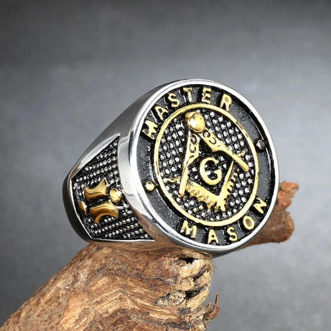 Anello Master Mason Massoneria in Acciaio Inossidabile per Uomo Retrò Tondo Sigillo Compass Square G Simbolo Punk Fascia Gioielli