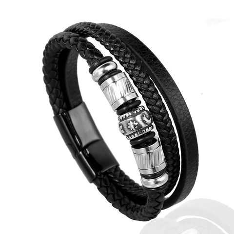 Herren Mehrschichtiges Geflochtenes Lederarmband Edelstahl Magnetverschluss Geometrische Perlen Punk Stil Bangle Mode Schmuck