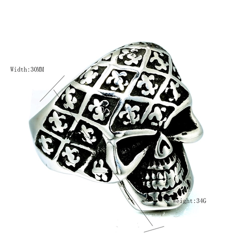 Vintage Gothic Skull Ring For Men Stainless Steel Fleur-de-lis Grid Pattern Punk Rock Biker Statement Ring Jewelry Gift