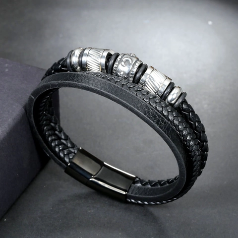 Herren Mehrschichtiges Geflochtenes Lederarmband Edelstahl Magnetverschluss Geometrische Perlen Punk Stil Bangle Mode Schmuck