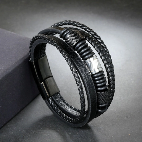 Bracciale In Pelle Multistrato Per Uomo Acciaio Inossidabile Chiusura Magnetica Cordino Intrecciato Stile Punk Industriale