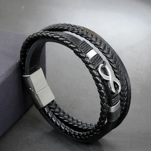 Bracciale da Uomo Vintage in Pelle Intrecciata Multistrato Simbolo dell'Infinito in Acciaio al Titanio Chiusura Magnetica Gioiello