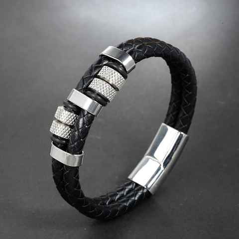 Braccialetto da Uomo in Pelle Intrecciata Multistrato Con Chiusura Magnetica in Acciaio Inossidabile Gioielli Tessuti a Mano Regalo Uomo