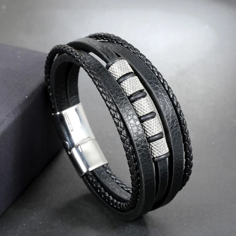 Men Vintage Multilayer Braided Leather Bracelet With Stainless Steel Magnetic Clasp Titanium Steel Beads Punk Fashion Jewelry Gift