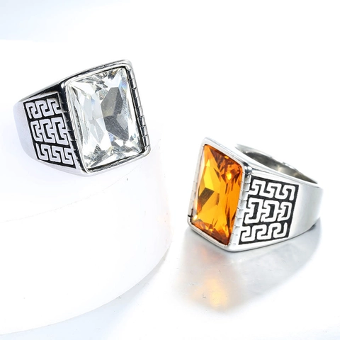 Anello da Uomo Vintage in Acciaio Inossidabile Con Grande Strass Quadrato Meandro Greco Band Punk Retro Moda Gioielli