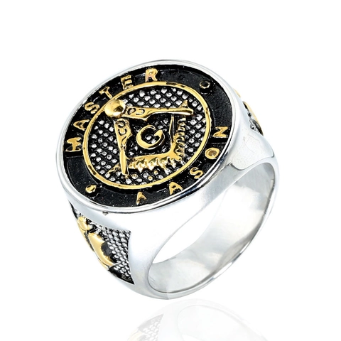 Anello Master Mason Massoneria in Acciaio Inossidabile per Uomo Retrò Tondo Sigillo Compass Square G Simbolo Punk Fascia Gioielli