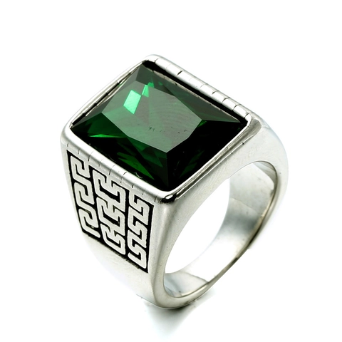 Anello da Uomo Vintage in Acciaio Inossidabile Con Grande Strass Quadrato Meandro Greco Band Punk Retro Moda Gioielli