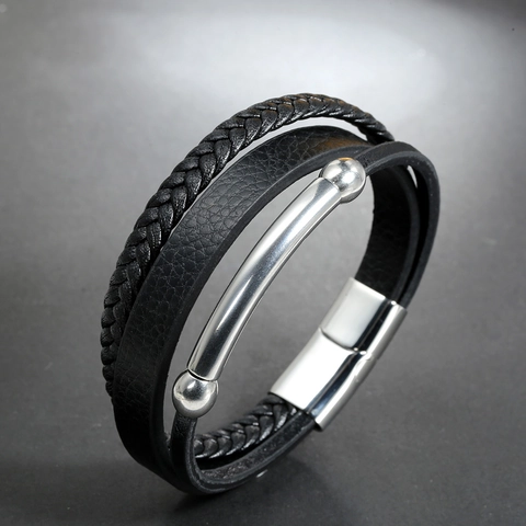 Men's Vintage Braided Leather Bracelet With Stainless Steel Magnetic Clasp Multi-layer Smooth Leather Bangle Fashion Jewelry