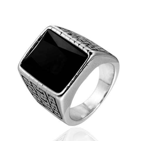 Vintage Edelstahl Mäandermuster Ring Für Herren Quadrat Strass Eingelegt Geometrische Punk Fingerring Schmuck Geschenk
