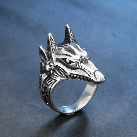 Anello in Acciaio al Titanio con Testa di Lupo Anubi da Uomo Simbolo Ankh Egiziano Punk Gotico Anello per Nocche Gioielli
