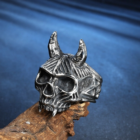 Vintage Gothic Skull Ring With Long Horns 316L Stainless Steel Punk Demon Skeleton Ring For Men Streetwear Rock Jewelry