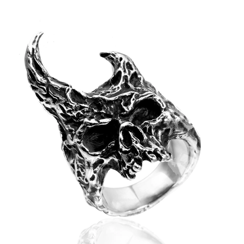 Anello Vintage in Acciaio al Titanio con Teschio e Corna di Ariete Gotico Punk Demone Scheletro Argento Antico Gioielli Uomo