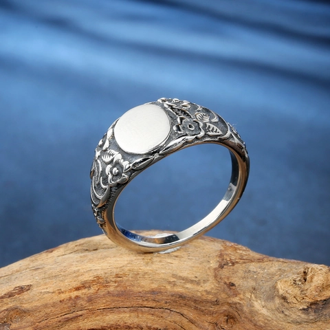 Vintage Edelstahl Siegelring Für Herren Damen Floral Geprägt Blumen Blatt Muster Oxidiert Punk Gothisch Fingerring Schmuck