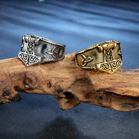 Anillo de Mitología Nórdica Vikingo Martillo de Thor Mjölnir Nudo Celta Acero Inoxidable para Hombre Joyería Retro Guerrero Odín