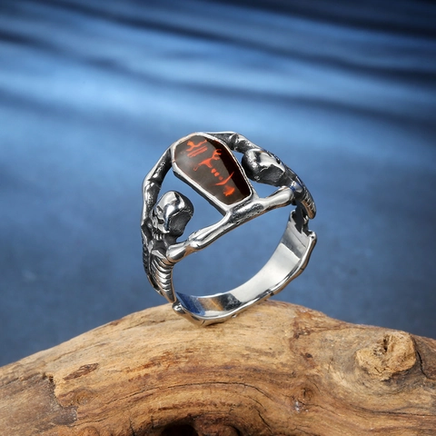 Gothic Vampire Skull Coffin Ring Men Punk Stainless Steel Red Coffin Inlaid Ring Vintage Dark Jewelry Finger Ring Gift