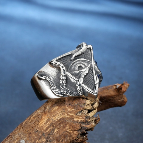 Vintage Edelstahl Oktopus Auge Der Vorsehung Ring Herren Gothic Mysterium Okkultes Symbol Polierter Punk Schmuck Bandring