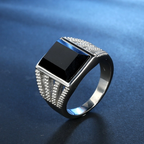Vintage Men 316L Stainless Steel Ring Inlaid Rectangular Black Agate Geometric Polished Band Fashion Jewelry Gift