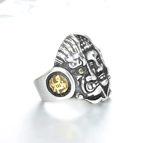 Anello in Acciaio Inossidabile Vintage con Rilievo Divinità Bifronte da Uomo Gotico Carattere Buddha Bicolore Oro Gioielli Religiosi