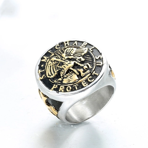 Anello Sigillo St. Michael Retro in Acciaio Inossidabile Vintage Biker Croce Religiosa Proteggici Amuleto per Uomo Donna