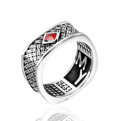 Anello in Vintage per Uomo Lavorato a Mano Motivo Intrecciato a Bambù Con Zirconia a Rombo Gioielli Stile Industriale
