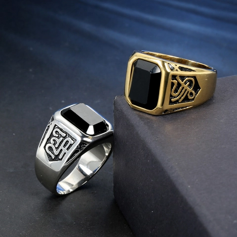 Anillo de Sello de Acero Inoxidable para Hombre Vintage Strass Negro Joyería Gótica Punk Anillo Pulido con Patrón Geométrico
