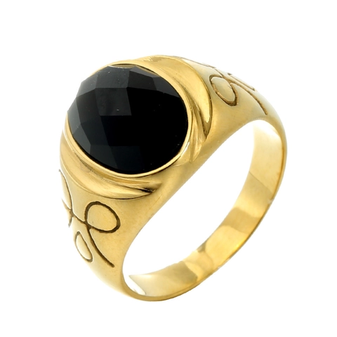 Vintage Stainless Steel Ring For Men Gold Plated Black Rhinestone Oval Faceted Stone Signet Ring Geometric Carved Design Retro Fashion Jewelry Finger Ring