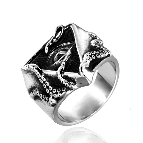 Anillo de Acero Inoxidable Gótico Vintage Ojo de la Providencia Hombre Tentáculos de Pulpo Punk Biker Joyería