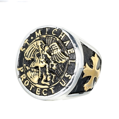Anello Sigillo St. Michael Retro in Acciaio Inossidabile Vintage Biker Croce Religiosa Proteggici Amuleto per Uomo Donna