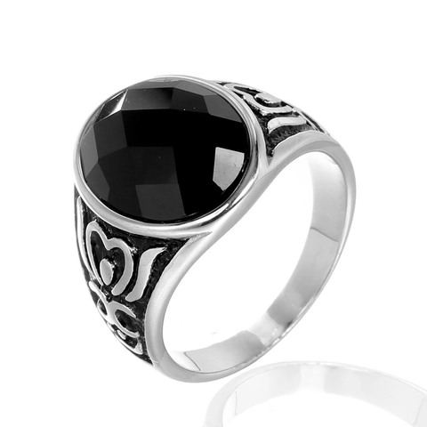 Vintage Stainless Steel Men's Ring With Black Agate Faceted Gemstone Retro Carved Floral Pattern Punk Biker Finger Ring