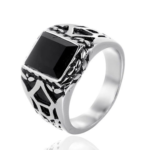 Punk Men Stainless Steel Ring With Black Rhinestone Retro Gothic Hollow Geometric Band Ring For Men Women Jewelry Gift