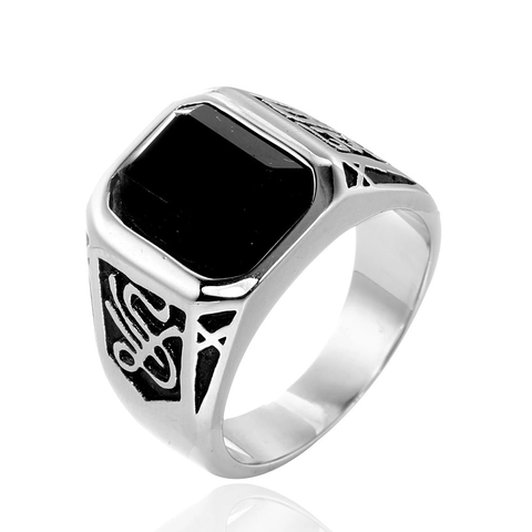 Anillo de Sello de Acero Inoxidable para Hombre Vintage Strass Negro Joyería Gótica Punk Anillo Pulido con Patrón Geométrico