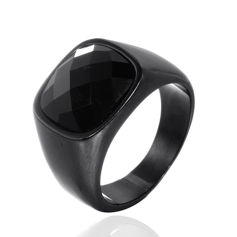 Anello a Sigillo in Acciaio Inossidabile da Uomo con Strass Neri Fascia Geometrica Lucida Quadrata Gioielli per Pendolarismo Regalo