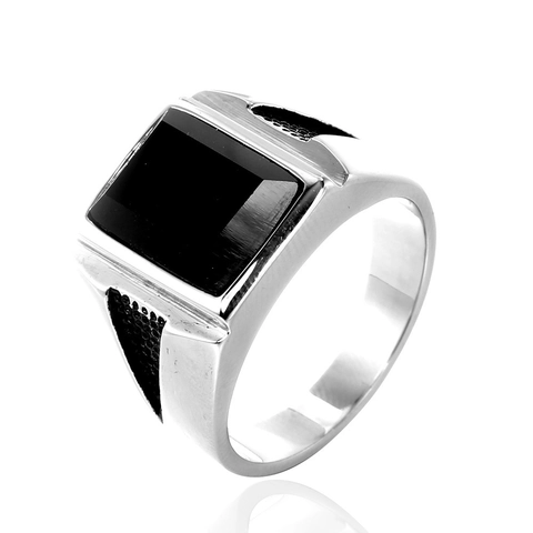 Men Stainless Steel Punk Rock Ring Gothic Hip Hop Square Black Rhinestone Polished Band Wide Finger Jewelry Finger Ring