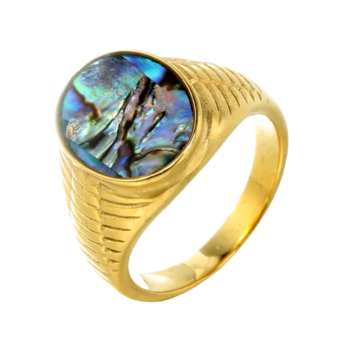 Anello Sigillo in Acciaio Inossidabile Oro con Conchiglia di Abulone per Uomo Donna Pietra Cangiante Goffrata Gioielli