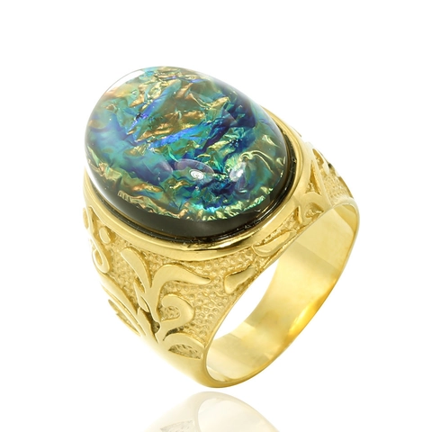 Anello in Acciaio al Titanio Vintage con Strass Ovale per Uomo Donna Esotico Motivo a Rilievo Fatto a Mano Gioielli da Dito