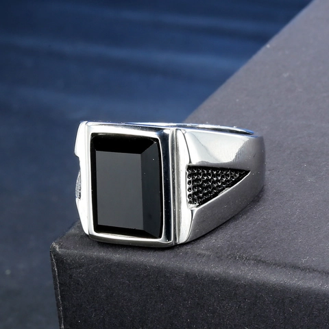 Men Stainless Steel Punk Rock Ring Gothic Hip Hop Square Black Rhinestone Polished Band Wide Finger Jewelry Finger Ring
