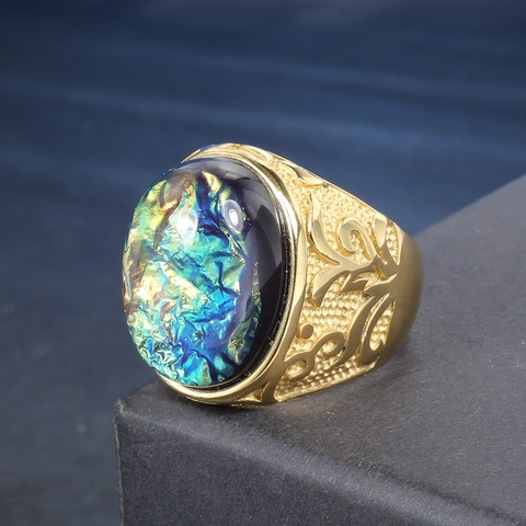Anello in Acciaio al Titanio Vintage con Strass Ovale per Uomo Donna Esotico Motivo a Rilievo Fatto a Mano Gioielli da Dito