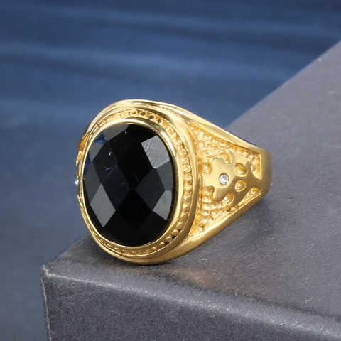 Vintage Edelstahl Ring Mit Großem Schwarzen Edelstein Vergoldet Punk Stil Geschnitzter Fingerring Für Damen Herren Modeschmuck
