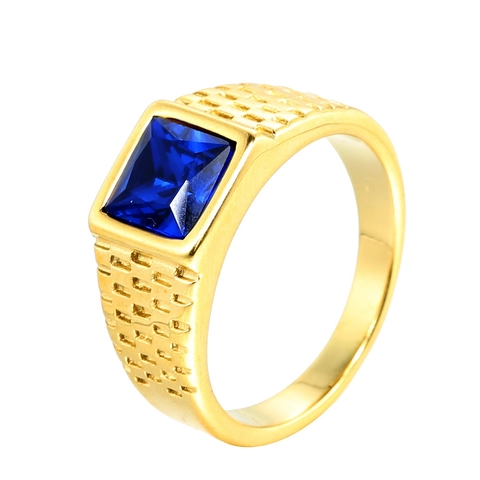 Vintage Gold Plated Stainless Steel Square Gemstone Ring For Men Business Grid Texture Decorative Finger Band Ring