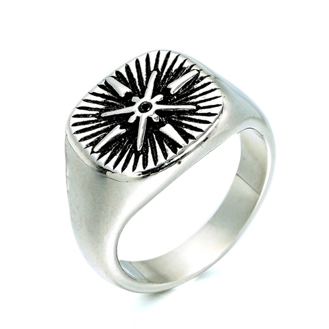 Vintage Men's Titanium Steel Compass Starburst Signet Ring With Rhinestone Inlay Retro Punk Square Face Fashion Finger Jewelry