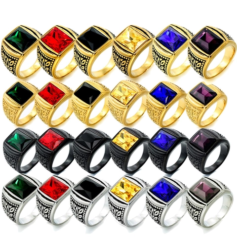 Vintage Stainless Steel Square Gemstone Ring For Men Women Retro Engraved Pattern Band Fashion Punk Jewelry Finger Ring