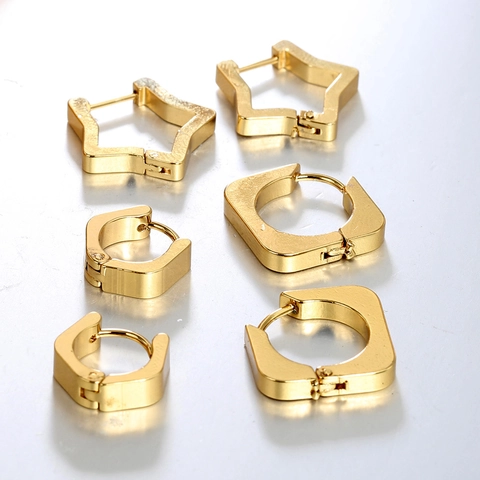 Minimalist Gold Plated Stainless Steel Geometric Hoop Earrings For Women Star Square Hexagon Shape Chic Ear Buckle Jewelry