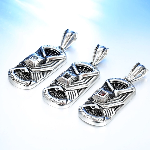 Vintage Industrial Stainless Steel Odin Pendant Necklace For Men Retro Mechanical Gear Tire Pattern Rhinestone Inlaid Jewelry
