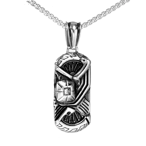 Vintage Industrial Stainless Steel Odin Pendant Necklace For Men Retro Mechanical Gear Tire Pattern Rhinestone Inlaid Jewelry