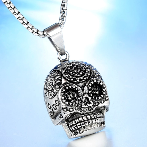 Vintage Stainless Steel Sugar Skull Pendant Necklace Gothic Floral Carved Punk Biker Jewelry For Men Polished Ghost Head Necklace