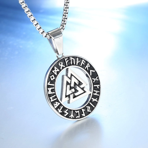 Nordic Viking Valknut Rune Pendant Necklace Stainless Steel Retro Round Circle Pendant Box Chain Men Hip Hop Jewelry Gift