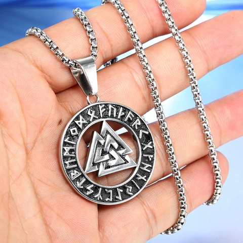 Nordic Viking Valknut Rune Pendant Necklace Stainless Steel Retro Round Circle Pendant Box Chain Men Hip Hop Jewelry Gift