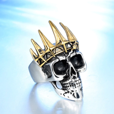Vintage Gothic Skeleton Crown Ring For Men Stainless Steel Punk Rock Skull Ring Gold Silver Two Tone Fashion Jewelry Gift