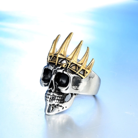 Vintage Gothic Skeleton Crown Ring For Men Stainless Steel Punk Rock Skull Ring Gold Silver Two Tone Fashion Jewelry Gift